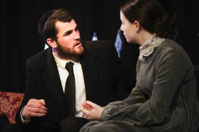 Joe Shaw as Shylock with Kirsty Findlay as Jessica. Photos: Aliza Razel