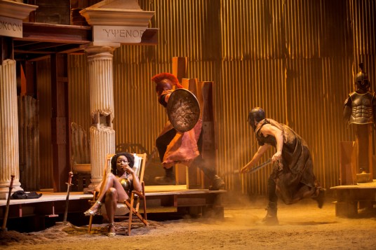 Emmanuella Cole, left; Ben Dilloway centre; & Rueben Johnson, right, as Diomede.